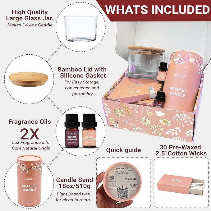 Pearled Candle Sand Mothers Day Gift for Mom, 18oz Sand Wax, 30 Wicks, 2X Natural Fragrance Oils + Large Glass Jar Included, Smoke Free Powder Snow Candles, Upto 120 Hours Burn Time, Candle Making Kit
