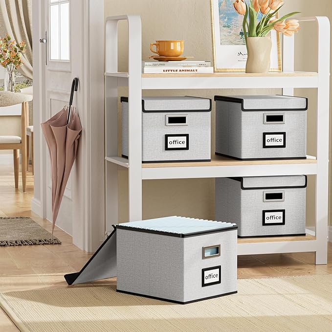 Huolewa File Organizer Box with Lid, Collapsible File Folder Organizer for Office Document Storage, Filing Box with Plastic Slide for Letter Size Hanging File Folders(1 Pack, Light Grey)