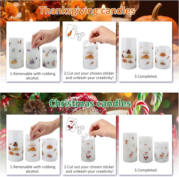 Seasonal Flameless Candle Kit – 3 Reusable Battery Operated Wax Candles with Remote & Timer & 18 Festival DIY Stickers Designed for Party Decor, July 4th, Halloween, Thanksgiving, Christmas & Easter