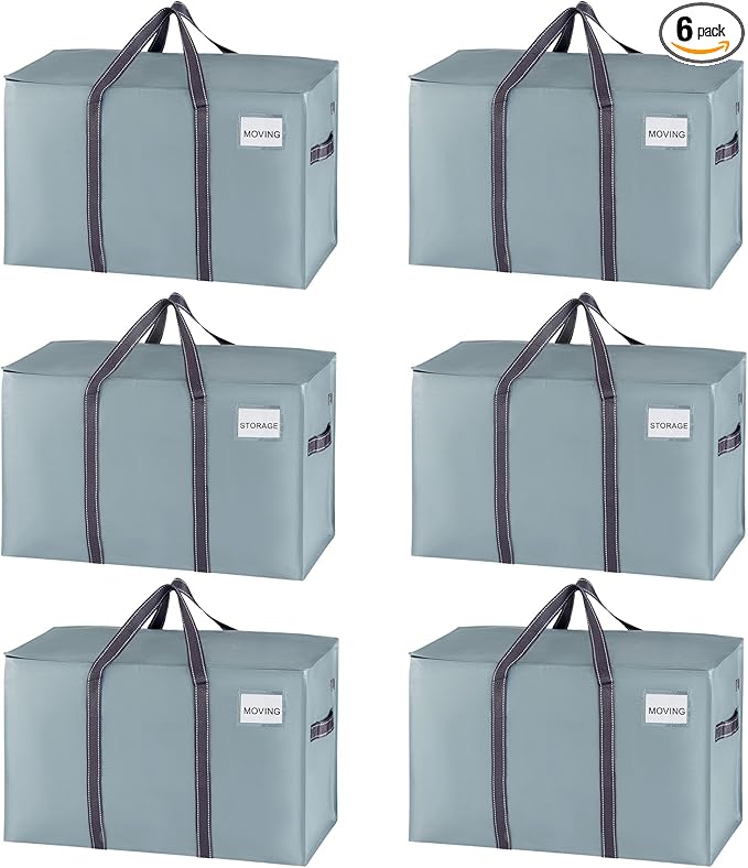 VENO 6 Pack Heavy Duty Moving Bags, Extra Large Storage Bags with Reinforced Handles & Strong Zippers, Foldable & Reusable Moving Box Alternative for Clothes & Dorm Storage