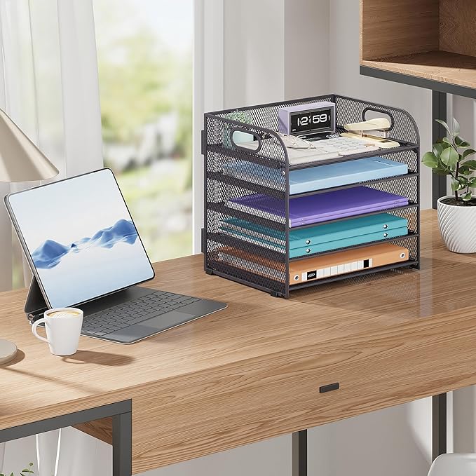 Cawukege 5 Tier Paper Organizer with Handle, Grey Metal Mesh Desk Organizer File Folder Paper Letter Tray Desktop Document Sorter for Classroom, School, Office Accessories Organization and Storage