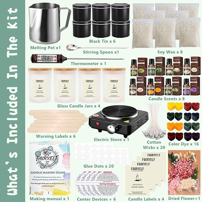 FAIRYELF Premium Candle Making Kit with Wax Melter, DIY Starter Scented Candles Making Kit for Adults Include Glass Jar & Tins, Scents & Color Dyes & More - Perfect as Home Decorations