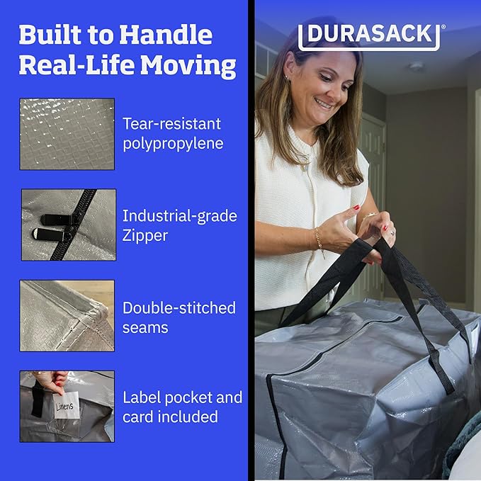 DURASACK Heavy Duty Moving Bag Storage Container Duffle Bag with Zipper, Reinforced Carry Straps and Backpack Straps, Made of Rugged Woven Polypropylene, Pack of 4, Gray