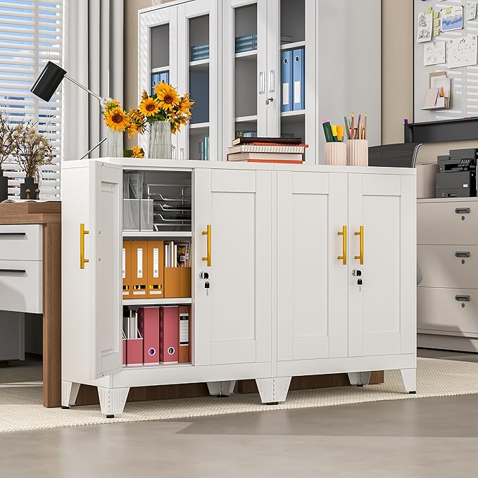 White Metal Storage Cabinet, 36" Tall Locking Storage Cabinet with 2 Adjustable Shelves, Steel Locker Organizer, for Office, Home, School, 2PS