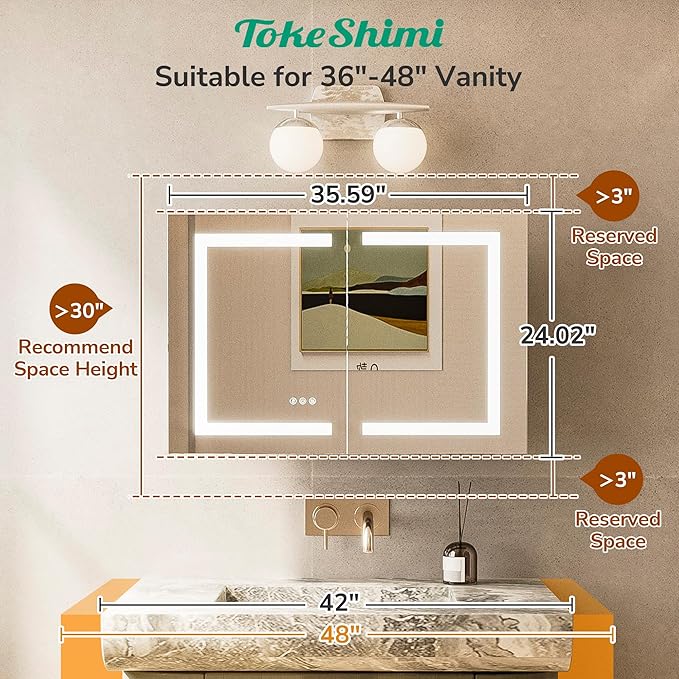 TokeShimi 36x24 Lighted Medicine Cabinet Mirror with Outlet, 3 Colors Dimmable Bathroom Mirror Medicine Cabinet Surface or Recessed Mount, Anti-Fog Mirror with Storage for Vanity and Modern Decor