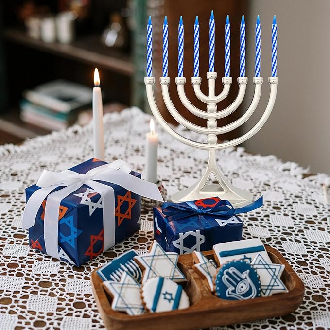 The Dreidel Company Hanukkah Silver Mini Menorah with Candles Classic 5 inch Great for Travel, Hanukkah Decor Centerpiece
