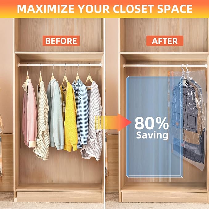 AGPTEK 6-Pack Hanging Vacuum Storage Bags for Clothes, Suits, Dresses & Jackets (3 Jumbo,3 Large) with Electric Pump - Space Saver Closet Organizer, Travel & Moving Supplies, Heavy Duty PA+PE