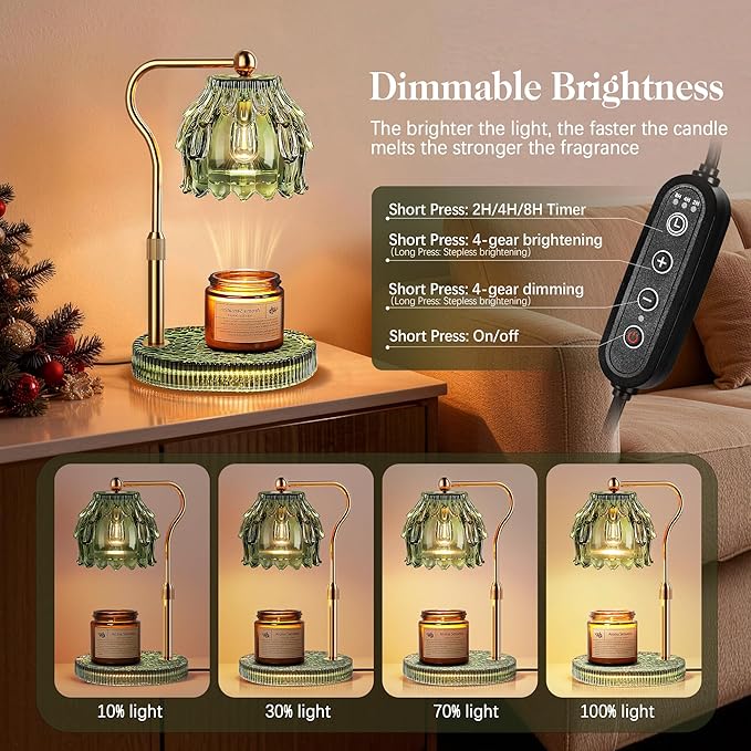 QiMH Candle Warmer Lamp with Timer Dimmer, Modern Wax Warmer for Scented Wax Jar Candle Warmer with 2 Bulbs, Adjustable Height Glass Lamp for Women, House Warming Gifts, Gold Green