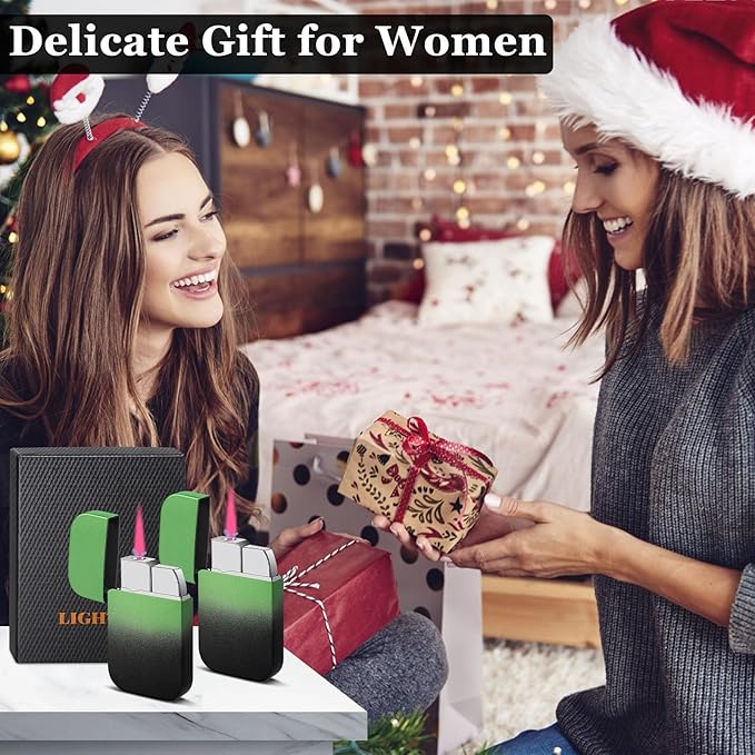 2 Pack Pink Flame Torch Lighter,Cute Lighter,Refillable Butane Lighter, Windproof Torch Lighter for Outdoor Camping BBQ Candle,Nice Gift for Women Girls on Birthday,Anniversary Green Without Butane