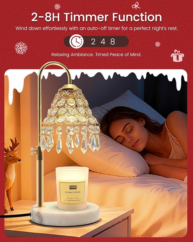 Crystal Candle Warmer Lamp with Timer and Dimmer - 2-in-1 Electric Wax Melt Burner & Dimmable Table Lamp, Adjustable Height Stand, White Marble Base, Birthday Gifts for Women, Elegant Home Decor