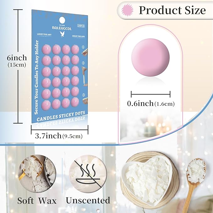 Candle Sticky Dots - Pink Wax Candle Adhesive Dots - Unscented Cire Adhesive for Secure Candle Placement - Easy Clean and Traceless Adhesive for DIY Projects - Pack of 24