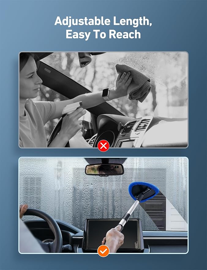 AstroAI Windshield Cleaning Tool, Car Window Cleaner Windshield Cleaner with 8 Reusable and Washable Microfiber Pads and Extendable Handle Auto Inside Glass Wiper Kit, Blue, 2 Pack