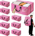 WORKPRO 8 Pack Extra Large Moving Bags with Zippers & Carrying Handles Backpack Straps, Heavy-Duty Storage Tote for Space Saving Moving Storage (Pink)