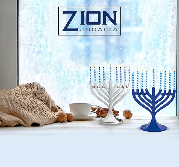 Zion Judaica Blue and Silver Set of 2 Mini Menorahs with 44 Birthday Candles Small Travel Minorah w/Chanukah Candles On-The-Go Hanukkiah Compact Hanukkah Candle Holder Menurah Chanuka Gifts Chanukiah