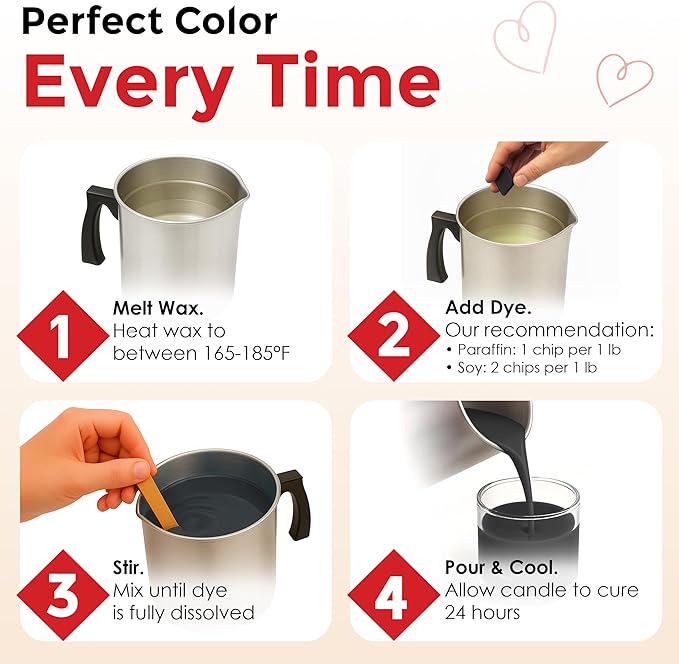 Candle Dye - Made in The USA - 5 Valentine Colors (Red, Pale Pink, White, Lavender, Fuchsia) for Paraffin or Soy Wax - Highly Concentrated - Great for Professionals or Hobbyist - 50 Dye Chips