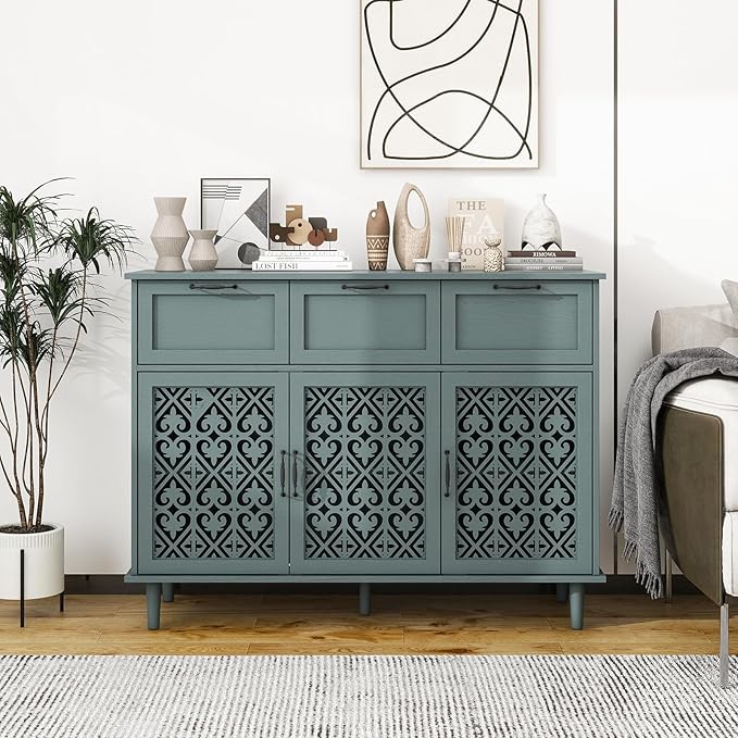 Green 3 Doors 3 Drawers Buffet Sideboard Cabinet - Accent Cabinet with Adjustable Shelves，47 Inch Wide Wood Storage Cabinets for Dining Room,Living Room and Kitchen