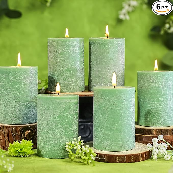 6 Pack Sage Green Soy Pillar Candles,Natural Soybean Pillar Candles,330 H Long Lasting Burning-Unscented,Dripless and Smokeless Rustic Hand-Poured Candles Dinner Table,for Wedding,Home 2.8x4in