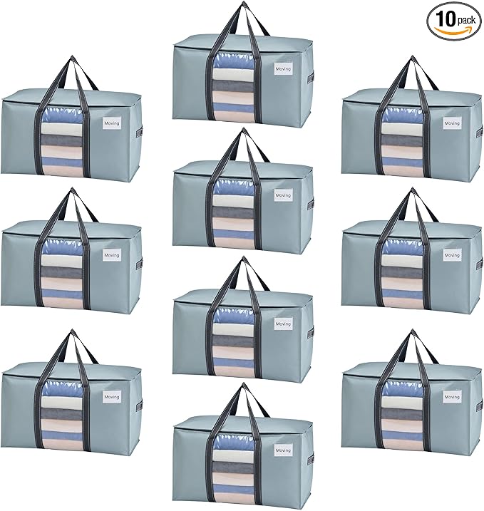 VENO 10 Pack Moving Bags with Clear Window, Heavy Duty Storage Bins with Lid, Around Handles, Tag, Zippers, Extra Large Totes Packing Moving Boxes Supplies for College Dorm Clothes (Light Blue)