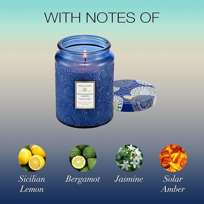 Voluspa Mediterranean Lemon Candle Jar, 18 oz, Coconut Wax Blend, Large Scented Candles for Home, 100 Hour Burn Time, Poured in The USA