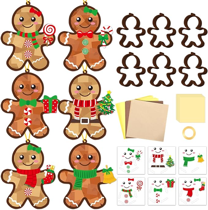 Qyeahkj 36 Set Christmas Gingerbread Suncatchers Crafts for DIY Winter Gingerbread Man Window Tissue Paper Craft Kit Hanging Decor for Xmas Holiday Home Activity Art Project Birthday Party Favor