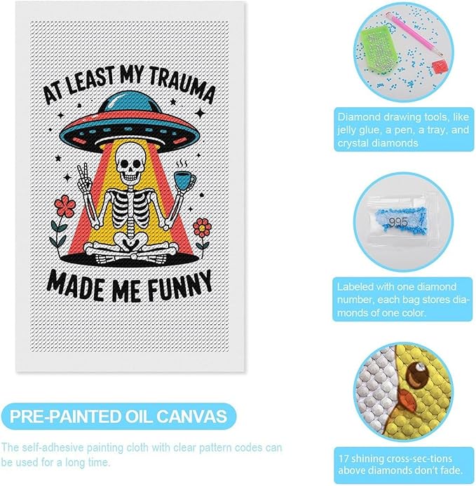 KIVJMSIDJA Diamond Art Kits for Adults Skull Skeleton “At Least My Trauma Made Me Funny” DIY Round Diamond Art for Home Wall Decor & Crafts Gifts 12"x20"