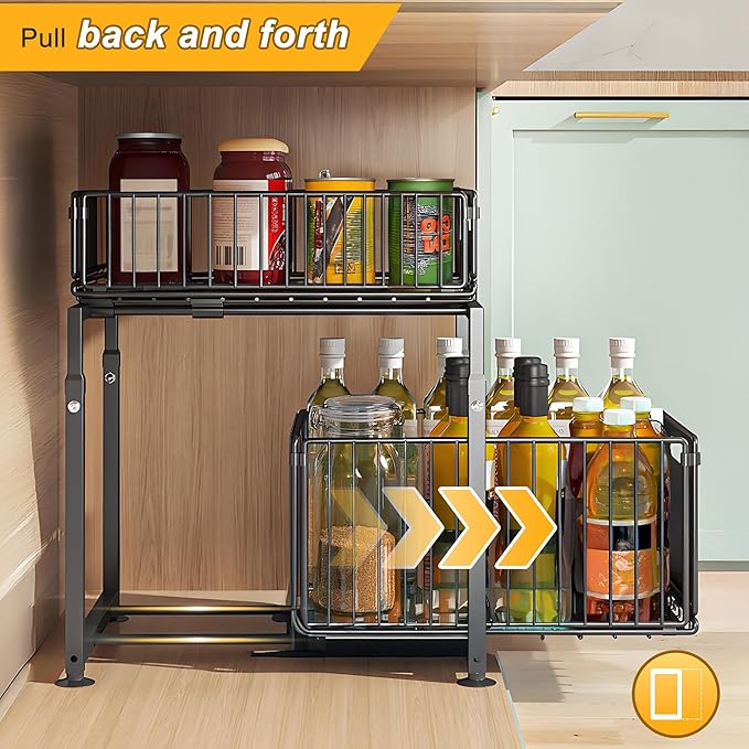 Under Sink Organizer, Pull Out Cabinet Organizer 2 Tier Slide Out Sink Shelf Cabinet Storage Shelves, Under Sink Storage for Kitchen Bathroom Cabinet, Black, 1 Pack