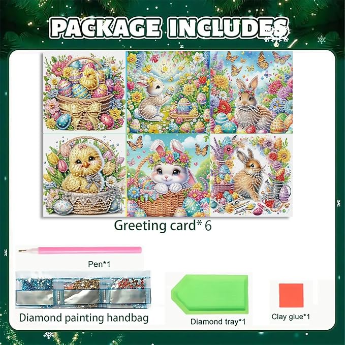 DoxQcs 5D Diamond Art Painting Greeting Cards Kit, DIY Cards for Blessings Congratulations Gifts, Greeting Card Set for Birthday Thanksgiving Day Christmas Halloween-Easter Rabbit