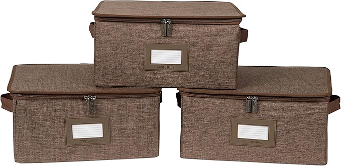 Covermates Keepsakes Zip-Top Storage Box Set, 3 Pack Heavy Duty Polyester Organizer Bins, Stackable Design, ID Window, Reinforced Handles, Closet Home Storage, Brown Heather