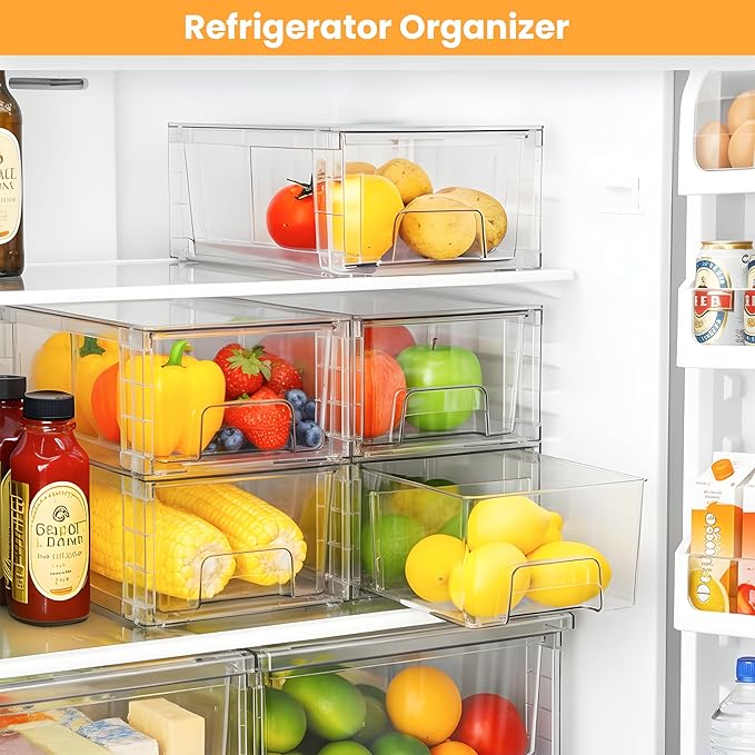 4 Pack Stackable Storage Drawers, Bathroom & Undersink Organizer with Removable Dividers - Acrylic Drawer Organizers with Handles for Fridge, Kitchen Cabinet, Pantry Storage