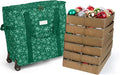 Covermates Keepsakes Rolling Adjustable Ornament Storage Bag – Heavy-Duty Polyester, FlexGrid Trays & Padded Dividers – Protective Holiday Organizer with Wheels, Handles & ID Window, Green Snowflake