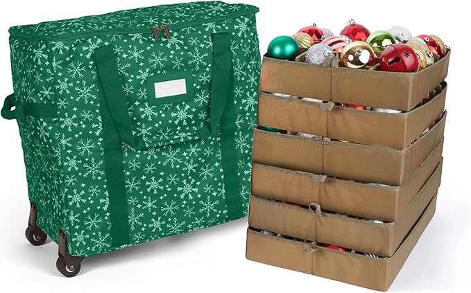 Covermates Keepsakes Rolling Adjustable Ornament Storage Bag – Heavy-Duty Polyester, FlexGrid Trays & Padded Dividers – Protective Holiday Organizer with Wheels, Handles & ID Window, Green Snowflake