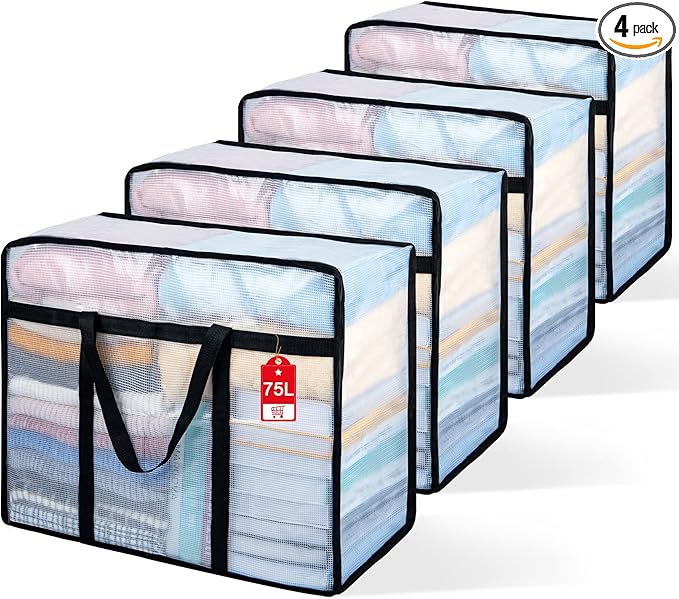 4 Pack Clear Blanket Storage Bags, 75L Plastic Comforter Clothes Storage Bags Underded Moving Bags Closet Organizers and Storage Zippered Sturdy Handle for Bedding, Clothes, Linen, Toys, Quilt, Duvet