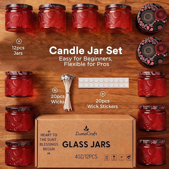 LumaCraft Luxury Embossed Glass Candle Jars for Making Candles - 12 Pack Empty Candle Containers with Airtight Metal Lids, 20 Wicks & 20 Stickers, Colored Glass Jars for Gifts & Decor-4OZ