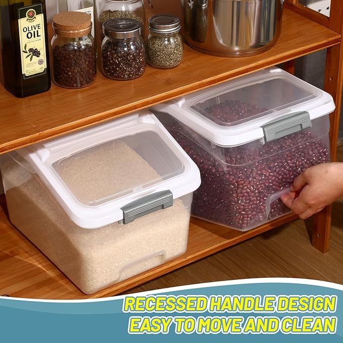 4 Pack Large Rice Storage Containers 30 Lbs Airtight Flour Container with Seal Locking Lid and Measuring Cup Kitchen Dry Food Storage Bins for Cereal Sugar Beans(Transparent and White)