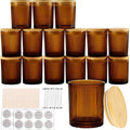 CONNOO 16pcs Ribbed Candle Glass Jars with Natural Bamboo Lids, 7oz Thick Containers for Candle Making with Wicks & Stickers, Ribbed Amber Jars for DIY Projects, Bulk Orders, Gifts & Home Décor