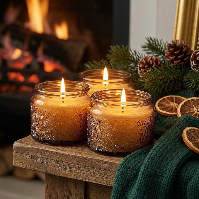 18-Pack 4oz Embossed Glass Candle Container with Bamboo Lids and Labels, Amber Candle Jars for Making Candles, Mandala Design