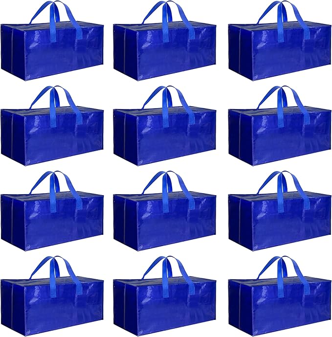 Simple Deluxe 12 Pack Extra Large Moving Bags with Backpack Straps, Strong Handles/Zippers, Heavy Duty Storage Tote for Moving Travel Camping Space Saving, Blue