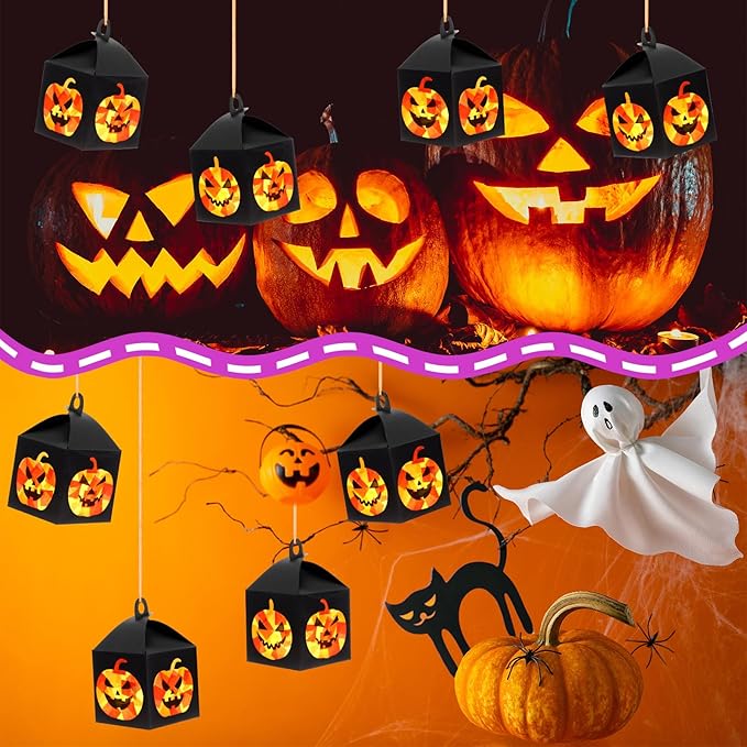 Simgoing 12 Sets Halloween Jack-O-Lantern Crafts with LED Candlelight Jack-o-Lantern Tissue Paper Crafts Kits DIY Pumpkin Suncatchers Lanterns Kits Hanging Spooky Supplies for Halloween Party Decors