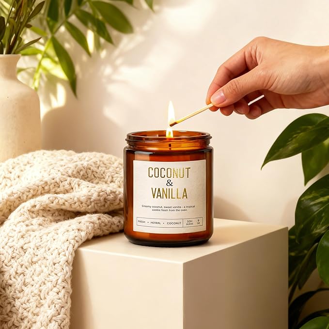 Coconut Vanilla Candles - 9 oz Natural Soy Candles for Home Scented, Long Lasting Soy Wax Aromatherapy Candle Gift Set for Women Spa Relax Stress Relief & Meditation