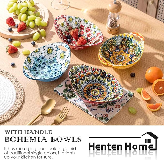 Henten Home Ceramic Salad Bowls Set, 19 oz Porcelain Soup Bowl Set of 4, Colorful Serving Bowls with Handle for Dinner, Pasta, Oatmeal, Bohemian Style, Microwave & Dishwasher Safe