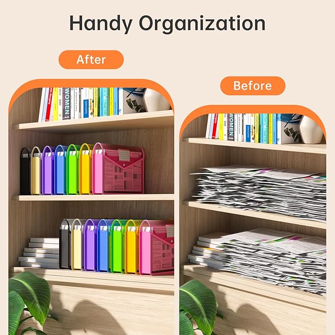 7 Pack Plastic Expanding File Folder, Transparent envelopes with Snap Closure, No Dividers, Large Capacity, Fit Legal/B4 Size for School, Office, Home, Hospital, 7 Colors