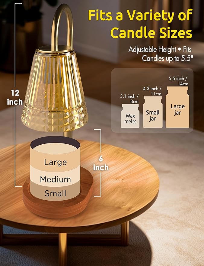 Candle Warmer Lamp with Timer, Dimmable Candle Lamp Warmer, Height Adjustable, Birthday Gifts for Women Mom, Vintage Home Decor for Scented Jar - Golden