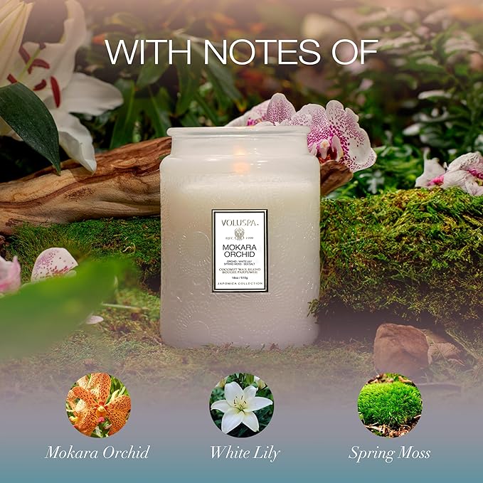 Voluspa Mokara Orchid, Large Candle Jar, 18 oz, 100 Hour Burn Time, All Natural Wicks and Coconut Wax for Clean Burning, Vegan, Poured in The USA