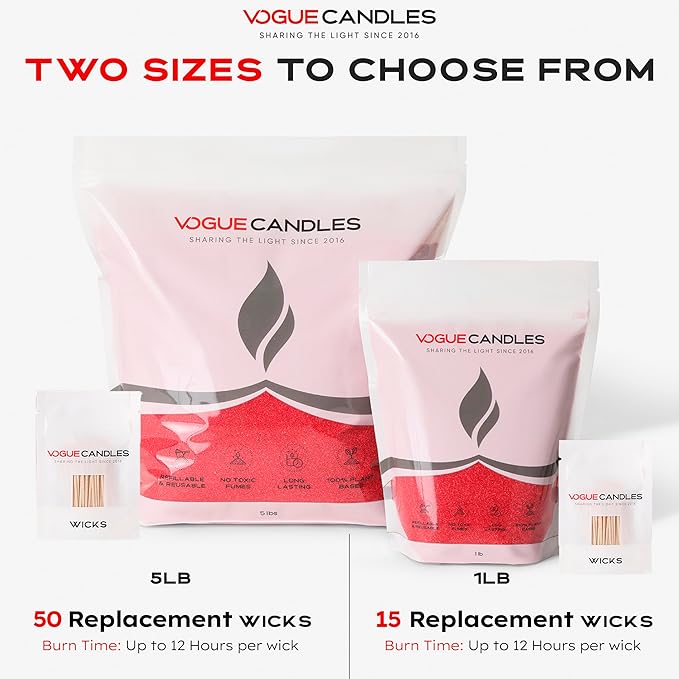Vogue Candles Granulated Red Wax Refill – 1LB Pearled Candle Sand Wax – Mother’s Day Candle Kit with 15 Cotton Wicks for DIY Home Lighting – Plant-Based & Reusable for Clean Burning & Custom Vessels