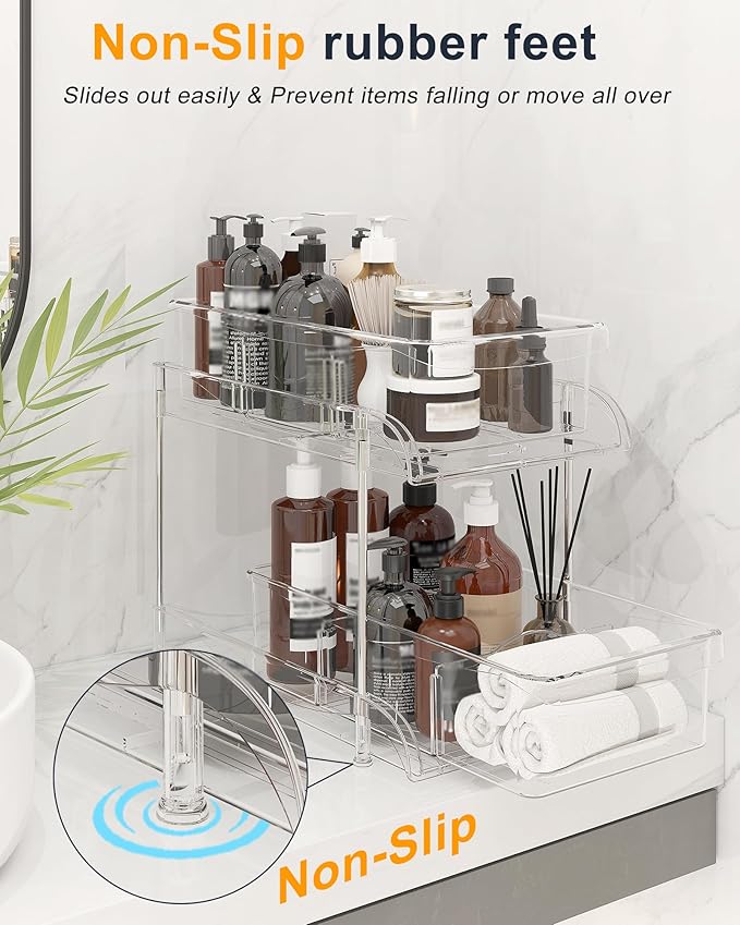 Under Sink Organizer, Bathroom Organizers and Storage, 2 Tier Multi-Use Pull Out Cabinet Organizer with Hang Hooks and Cups (transparent, 2 Pack)