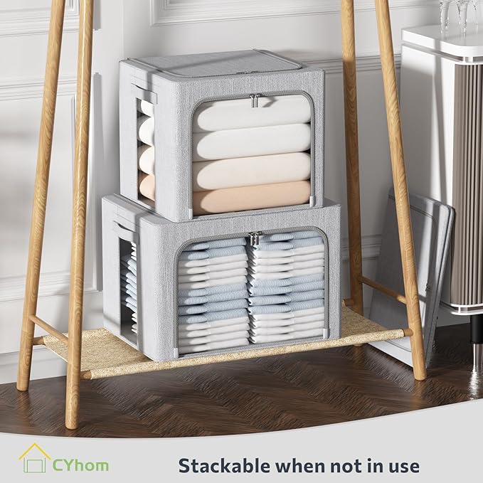 CYhom 4 Pack Clothes Storage Bins with Metal Frame - Linen Fabric Foldable Stackable Container Organizer Set with Clear Window & Carry Handles & Zippers (Light Grey, 23.6"x16.5"x15.7")