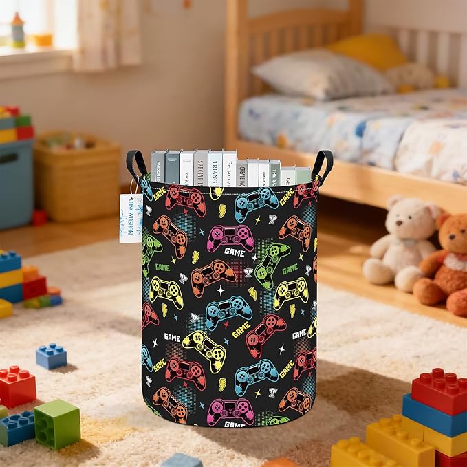 LANGYASHAN Laundry Basket Canvas Fabric Collapsible Organizer Basket for Storage Bin Toy Bins Gift Baskets Bedroom Clothes Children Nursery Hamper (Game)