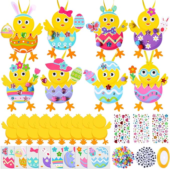 Funrous 48 Sets Easter Crafts Kit Easter Egg Chick Paper Crafts DIY Make Your Own Chick Hanging Ornaments Decorations with Pompoms Diamond Stickers Spring Classroom Activity Arts Gifts Party Favors