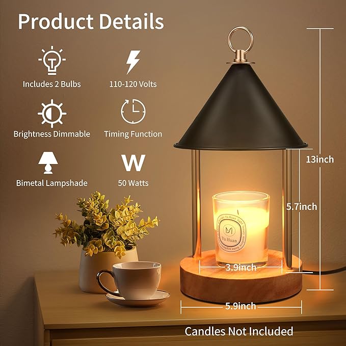 OGACFO Candle Warmer Lamp with Timer and Dimmable, Birthday Gifts Women Mom, Flameless Wax Warmer with Anti-Scald Bi Metal Shade for Jar Candles, Includes 2 Bulbs, Home Decor (Black)