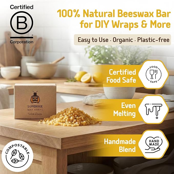 SuperBee Beeswax Drops for Wraps – DIY Kit with Tree Resin & Coconut Oil, Makes Up to 12 Beeswax Wraps, 100g Pack of Drops for Easy Melting & Spreading, Great for Homemade Food Covers
